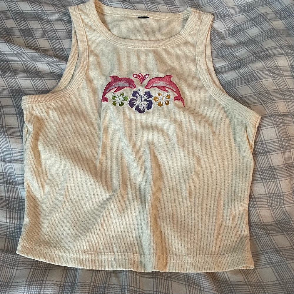 Cream Dolphin Embroidered Women's Tank Top